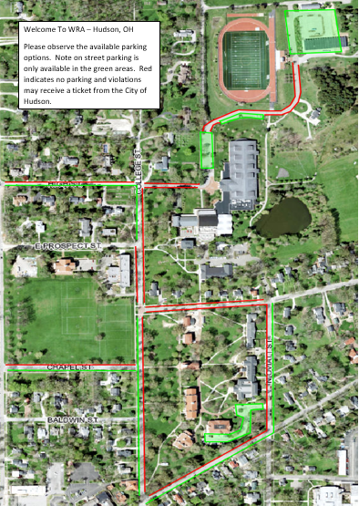 Western Reserve Academy parking map. Green areas indicate fan parking. Open image for a larger view.